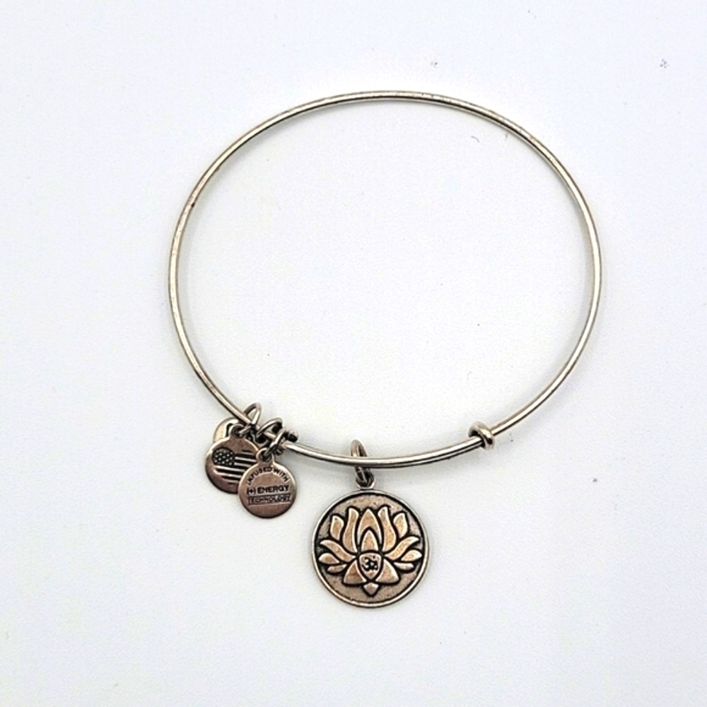 ALEX & ANI Silvertone Bangle Bracelet Lotus Flower Charm